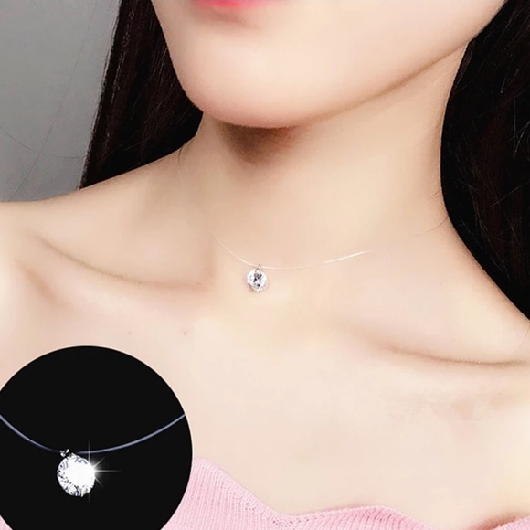 invisible choker adjustable chain Jewelry - 8mm Dazzling CZ Pendant Invisible Floating Choker